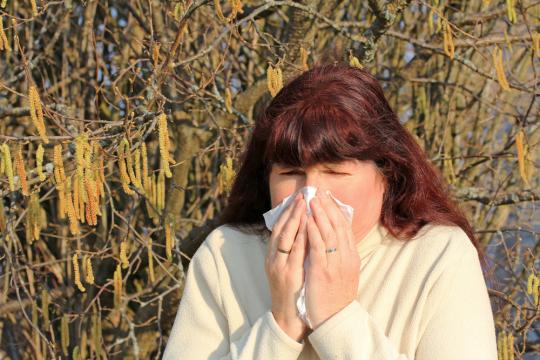 Vrouw heeft last van hooikoorts door berken-stuifmeel