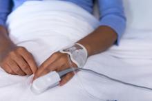 Een hand met een soort knijper op de ringvinger. Dit is een apparaatje dat de zuurstof in je bloed meet. Er gaat ook een slangetje in de hand, een infuus. Als je medicijnen krijgt die je rustig of slaperig maken, krijg je vaak zo'n knijper en infuus.