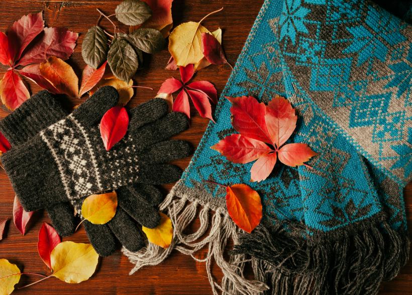 handschoenen en sjaal bedekt met herfstbladeren