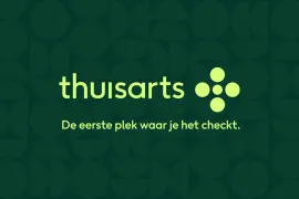 Het nieuwe logo van Thuisarts in frisgroen op donkergroen, met de tekst: De eerste plek waar je het checkt.